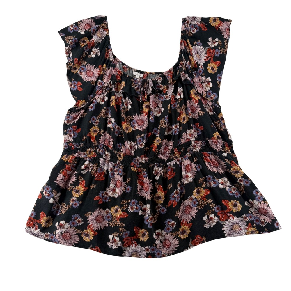 Maurices Floral Peplum Top Womens Plus 3X Black Flutter Sleeve Smocked Waist